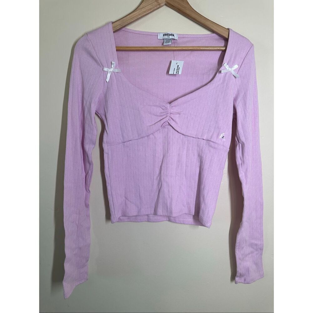 🌸 RSQ Tilly’s Pink Long Sleeve Baby Tee With Bows Size Large New